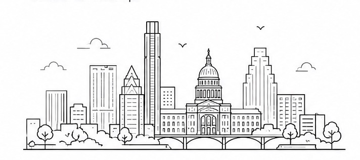 Line illustration of the Austin, Texas skyline featuring the State Capitol