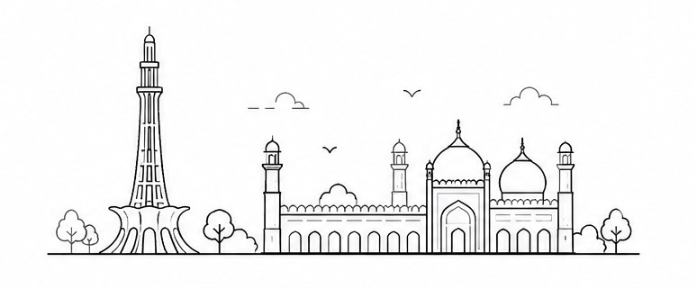 Line illustration of the Lahore skyline featuring Minar-e-Pakistan and Badshahi Mosque